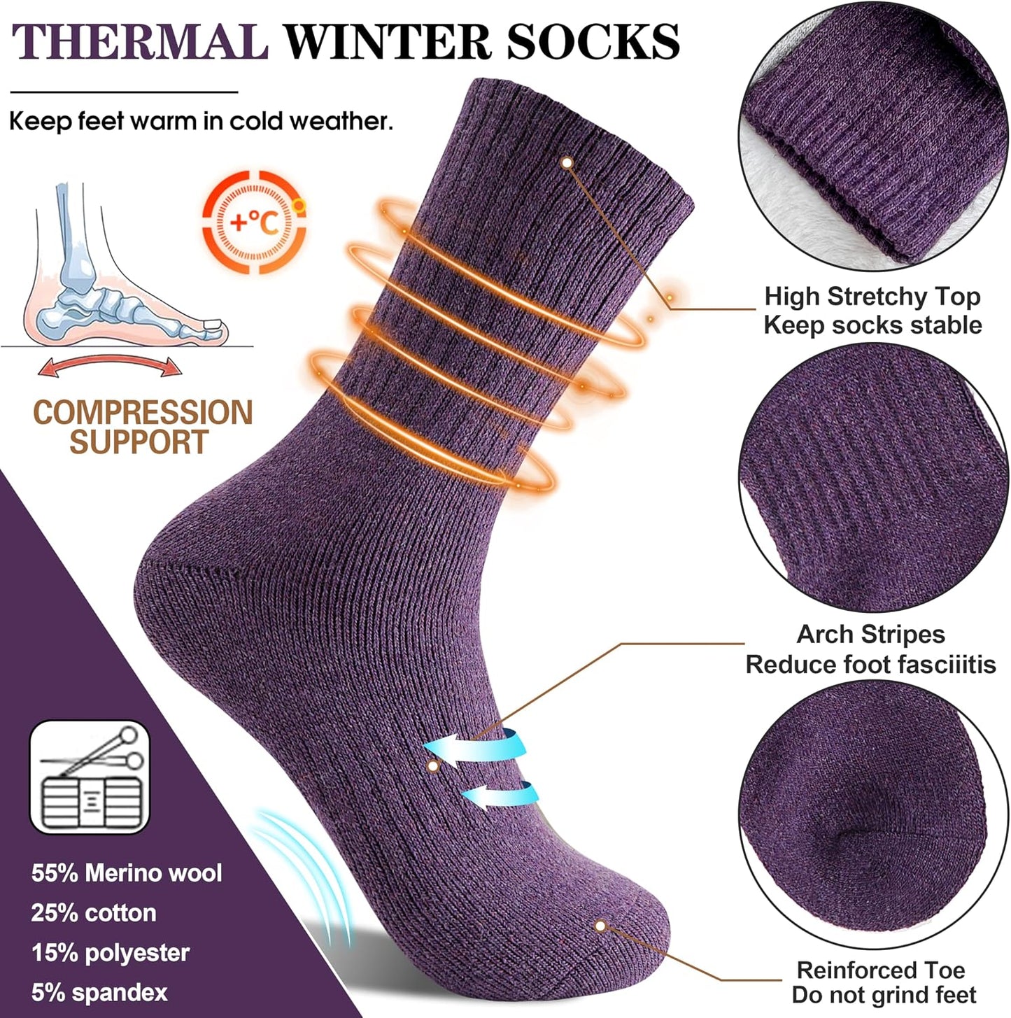 MOGGEI 5 Pairs Womens Merino Wool Socks Hiking Warm Winter Thick Thermal Crew Cozy Cabin Ladies Gift Comfy Boot Work Socks
