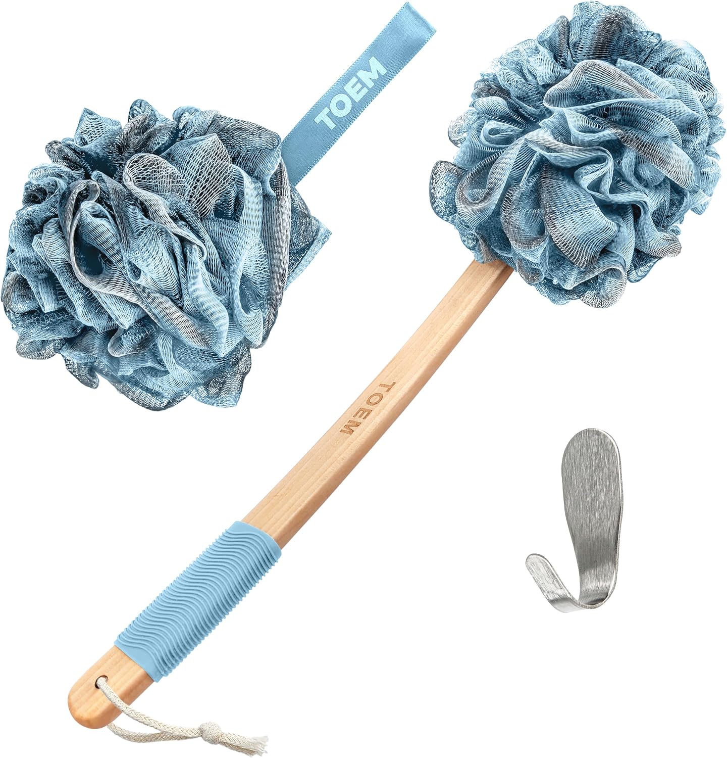 Toem® Loofah Back Scrubber for Shower | Bamboo Charcoal Fiber Infused | Loufas for Men & Women | Includes 1 Long Handled Shower Sponge, 1 Bath & Shower Luffa Pouf & 1 Hook to Hang Stuff (Slate Grey)
