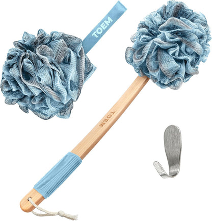 Toem® Loofah Back Scrubber for Shower | Bamboo Charcoal Fiber Infused | Loufas for Men & Women | Includes 1 Long Handled Shower Sponge, 1 Bath & Shower Luffa Pouf & 1 Hook to Hang Stuff (Slate Grey)