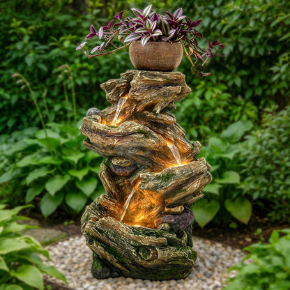 19.5" H 4-Tier Indoor & Outdoor Water Fountain with LED Lights | Resin Pebble Textured Tabletop Cascading Water Feature, Relaxing Decor for Patio, Porch, Deck, Yard & Home