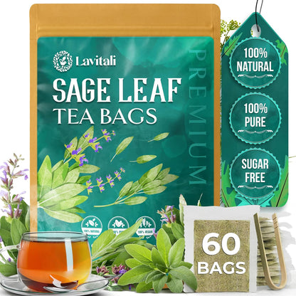 Lavitali, Sage Leaves Tea Bags | 60 bags, 100% Pure Herbal Tea | Caffeine-Free, Antioxidant-Rich, Eco-Friendly Filter Bag | Daily Natural Botanical, Hot or Iced Herbal Infusion