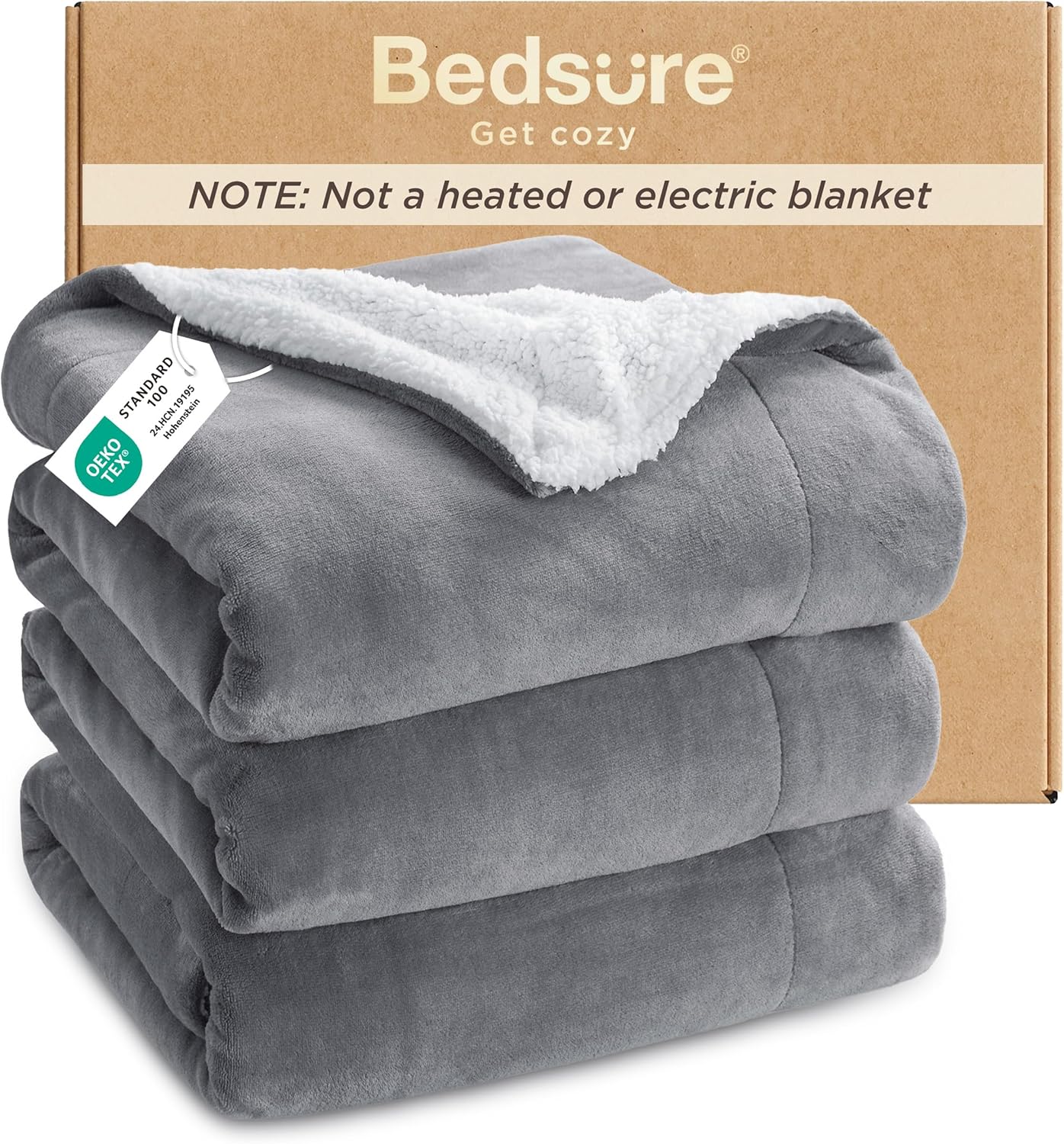 Bedsure GentleSoft Sherpa Fleece Throw Blanket for Couch, Non-Heated, Thick & Warm Cozy Blanket for Winter, Soft Fuzzy Plush Throw Gifts for Women and Men, Grey, 50x60 Inches