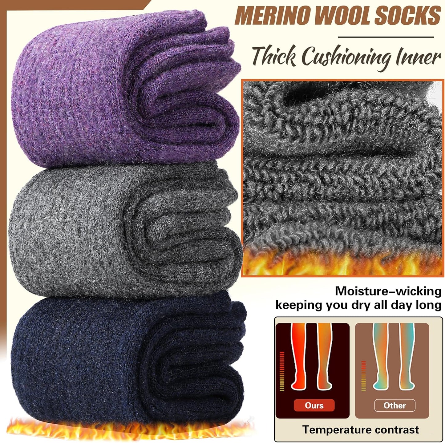 EBMORE Merino Wool Socks for Women Hiking Thermal Warm Winter Thick Boot Cozy Crew Comfy Work Socks for Ladies 5 Pairs