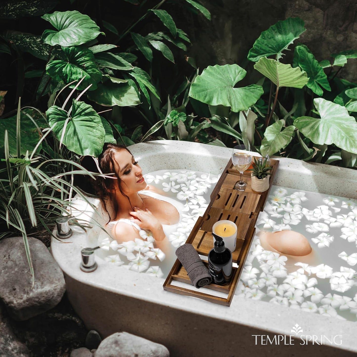 Temple Spring Bamboo Bathtub Tray Caddy for Tub — Expandable Wood Bath Tray with Solid Book Stand Wine Holder and Non-Slip Pads — Includes Bamboo Soap Dish and Spa Accessories — Luxury Bath Gift Set