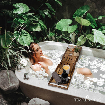 Temple Spring Bamboo Bathtub Tray Caddy for Tub — Expandable Wood Bath Tray with Solid Book Stand Wine Holder and Non-Slip Pads — Includes Bamboo Soap Dish and Spa Accessories — Luxury Bath Gift Set