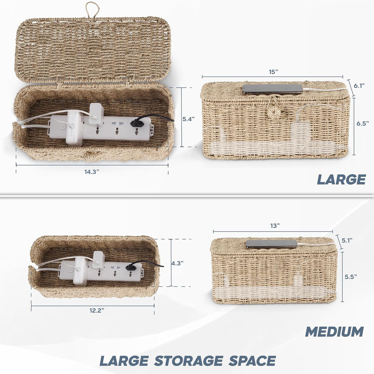 Bluewest 2-Pack Cable Management Box with Lids, Rattan Cord Organizer