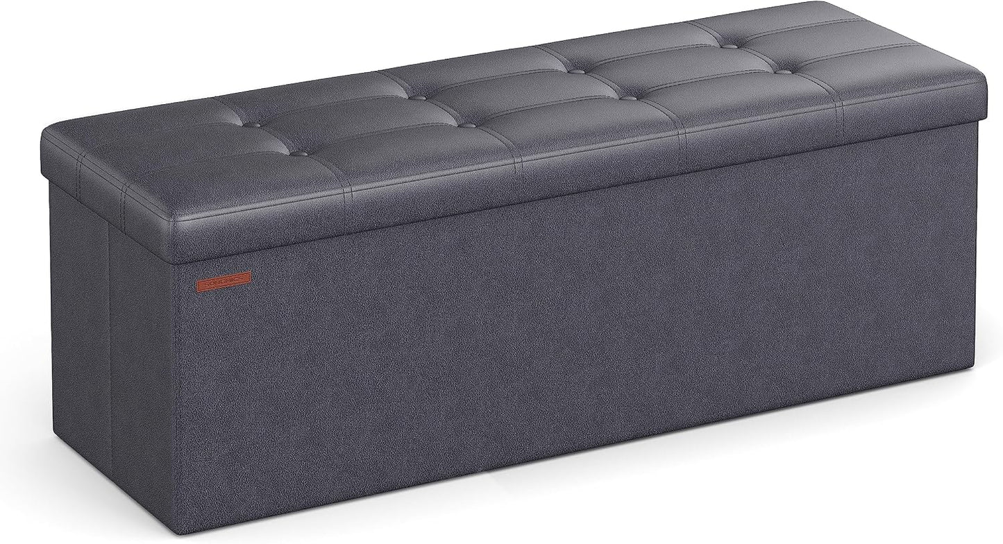 SONGMICS MAZIE Collection - 43 Inches Folding Storage Ottoman Bench, Ottoman with Storage, Foot Rest Stool, Load 660 lb, for Living Room, Synthetic Leather, Black ULSF701