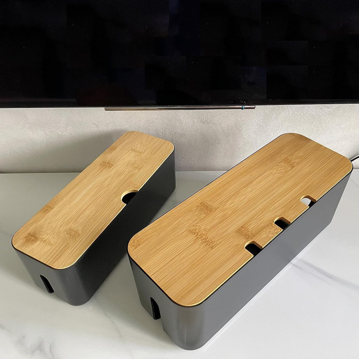 Cable Management Box with Bamboo Lid, Small Power Strip Organizer, Black