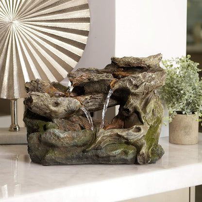 Alpine Corporation | 14"H Indoor Tiered Log Tabletop Fountain with LED Lights — Cascading Waterfall Design Creates Relaxing Ambiance for Home & Office Décor