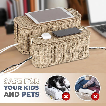 Bluewest 2-Pack Cable Management Box with Lids, Rattan Cord Organizer