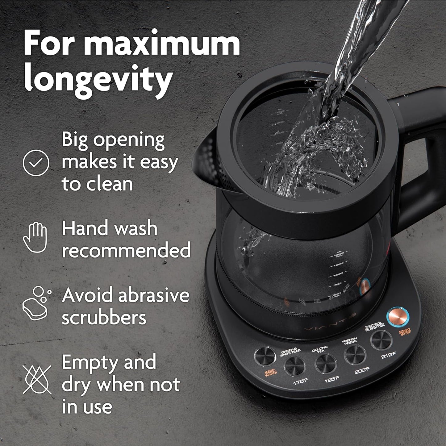 Viante Alba Electric Tea Kettle with Infuser, No Plastic In Contact With Water, 1.5L Borosilicate Glass, 304 Stainless Steel, 4 Temperature Presets, Keep Warm, Cordless, Auto Shut-Off