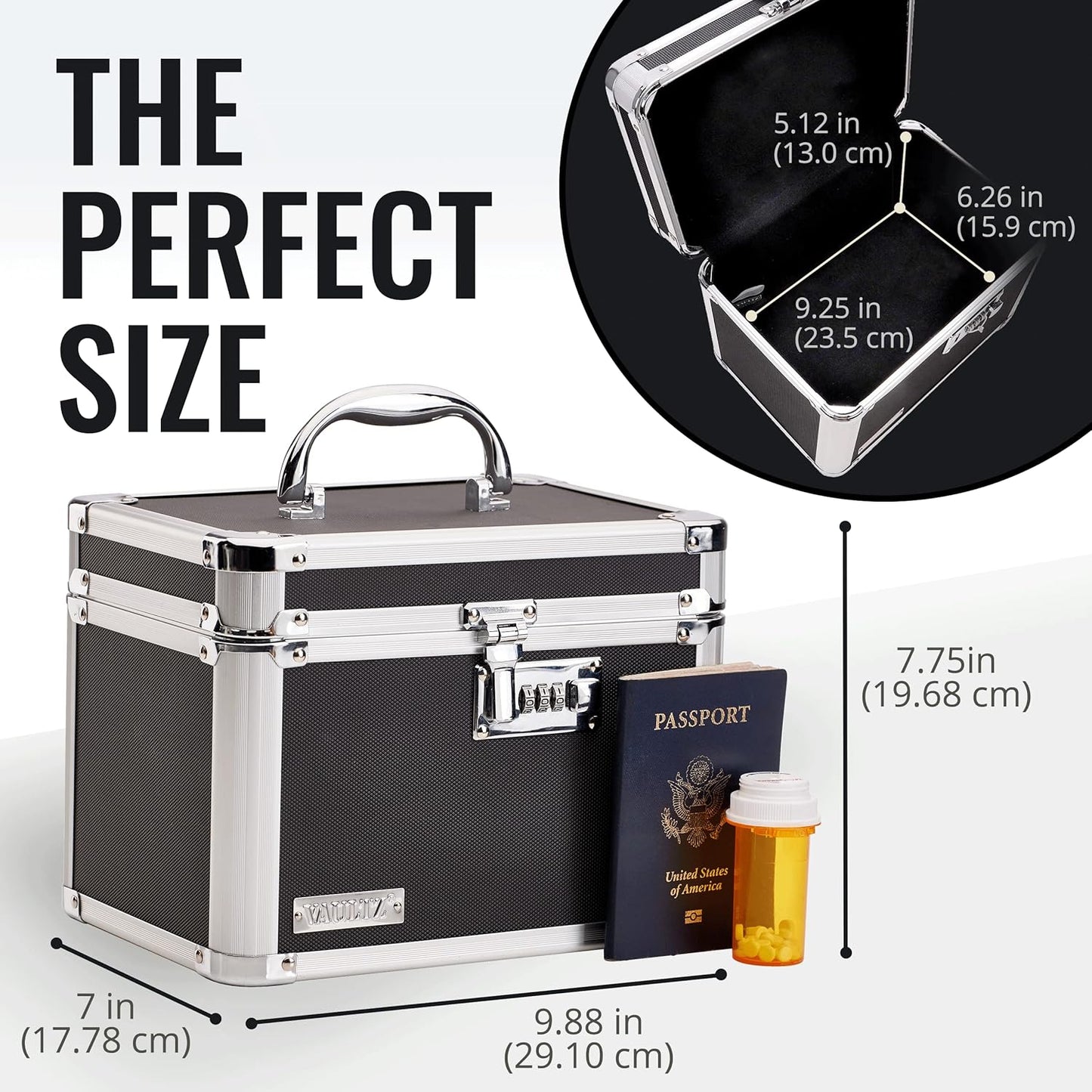 Vaultz Secure Security Lock Boxes - Safe Combination Lock Box, Storage for Documents, Valuables, Medicine & Money - 9.88 x 7.75 x 7 Inch - Black/Chrome