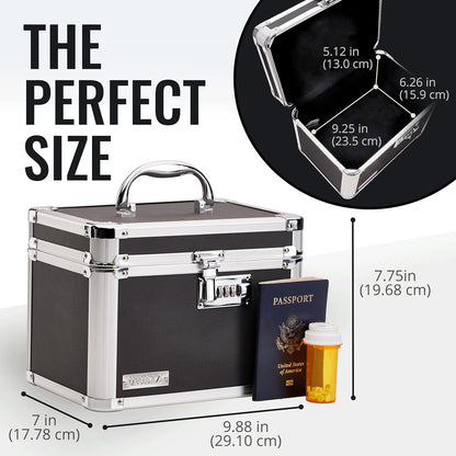Vaultz Secure Security Lock Boxes - Safe Combination Lock Box, Storage for Documents, Valuables, Medicine & Money - 9.88 x 7.75 x 7 Inch - Black/Chrome