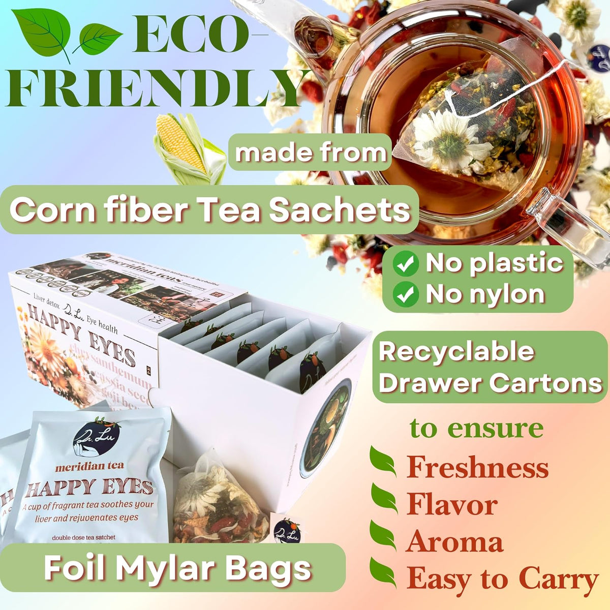 Dr. Lu’s Happy Eyes Tea | 100% Natural Eyebright Tea for Liver Cleanse | Liver Detox tea for Eye Health | Chrysanthemum, Cassia Seed, Goji Berry 8 Premium Herbs in Corn Fiber Pyramid Bags | Made in US