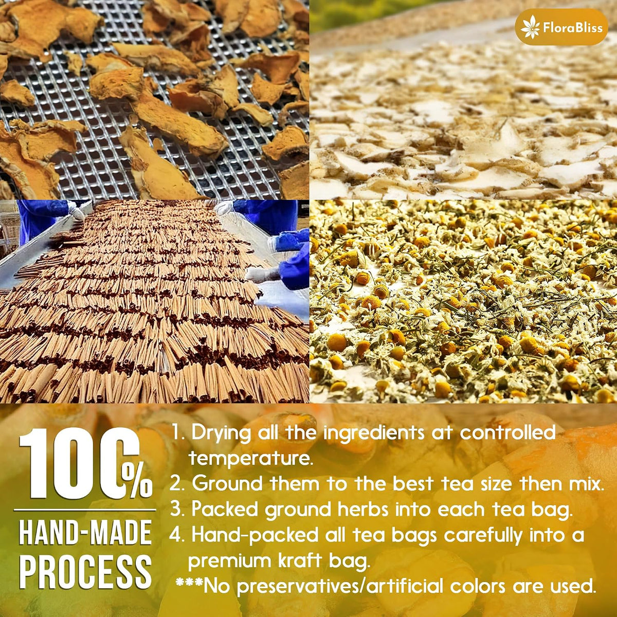 FloraBliss 50 Bags Turmeric, Ginger, and Cinnamon Tea. Added Chamomile