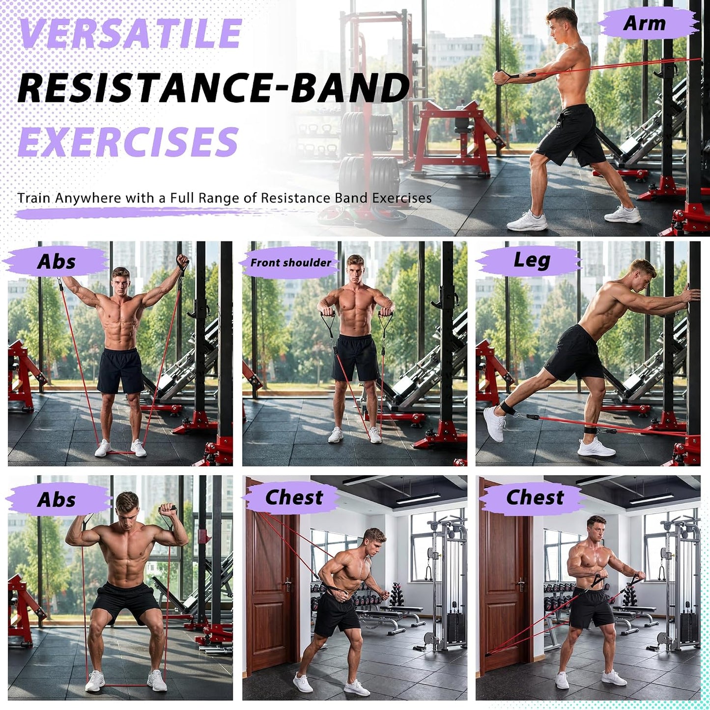 WHATAFIT Resistance Bands, Exercise Bands, Workout Bands with Handles, Door Anchor and Ankle Straps, 5 Resistance Levels Fitness Bands for Strength Training, Physical Therapy, and Home Gym Equipment