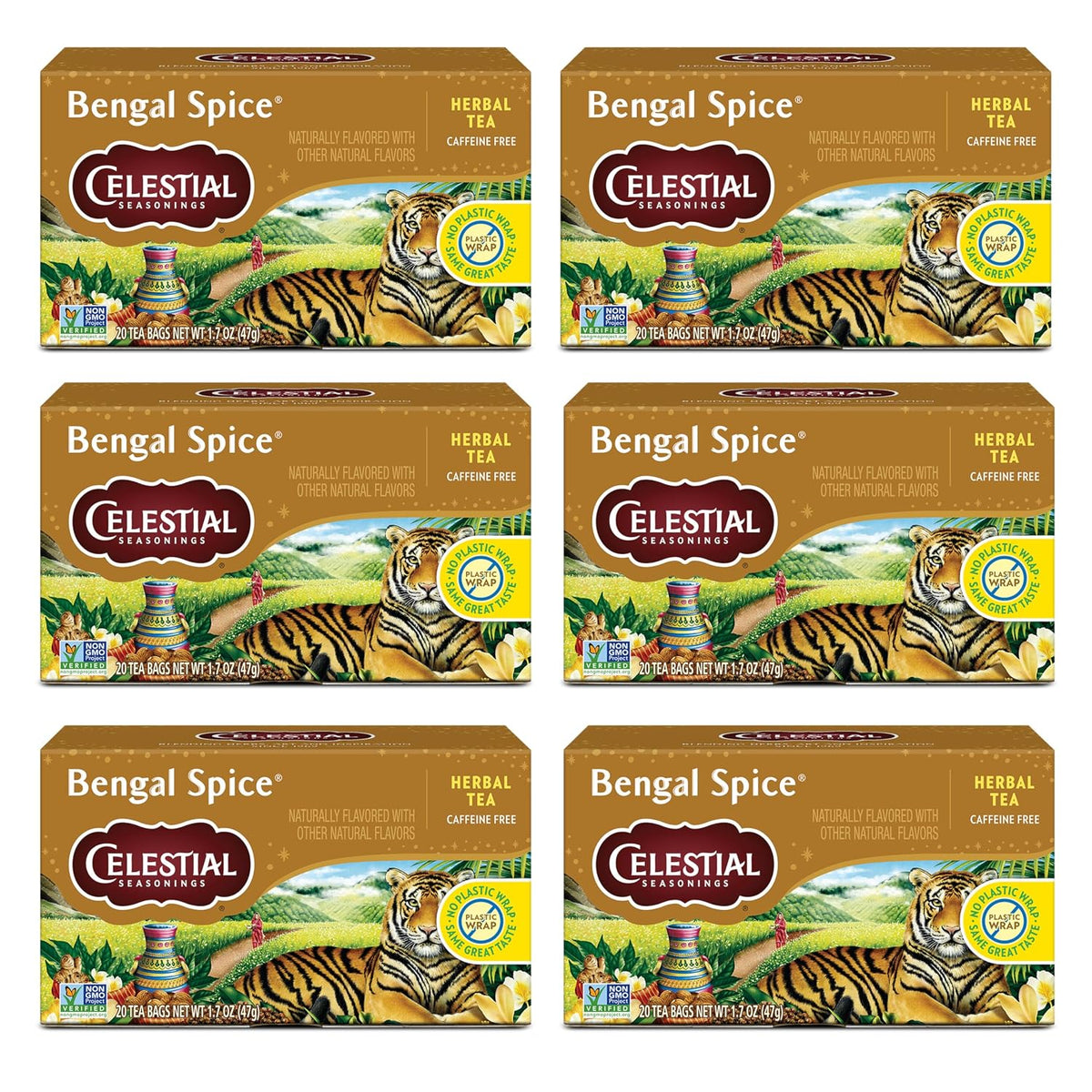 Celestial Seasonings Bengal Spice Chai Inspired Herbal Tea, Caffeine Free, 20 Tea Bags Box (Pack of 6)