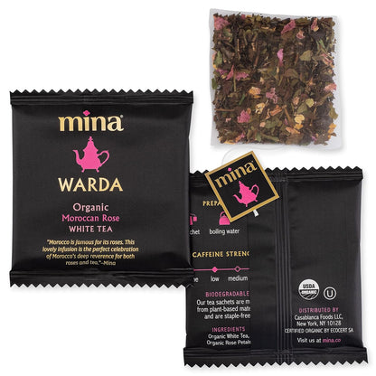 Mina Warda Organic Moroccan Rose White Tea, 15 Biodegradable Sachets - Rose Tea Bags, White Tea with Moroccan Rose Petals, Organic White Tea Bags, Low Caffeine Tea