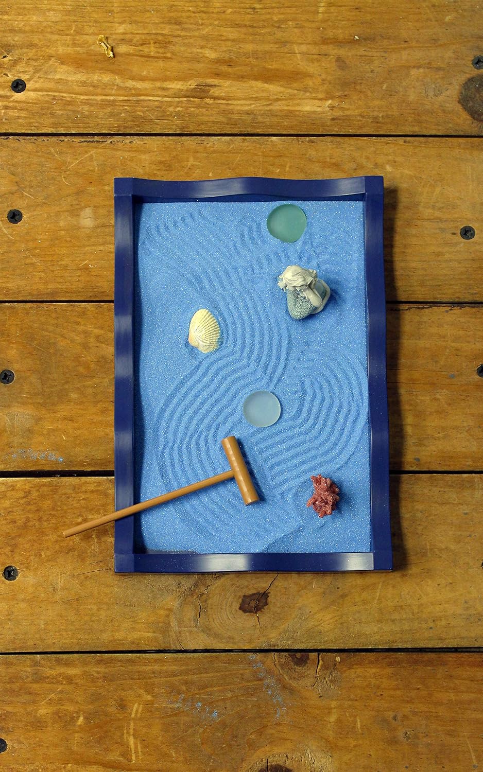 Nature's Mark Mini Zen Garden Kit for Desk with Rake, White Sand, Lotus Figure, 3 Sections Black Square Base, River Rocks and Black Rocks (9Lx9W C)