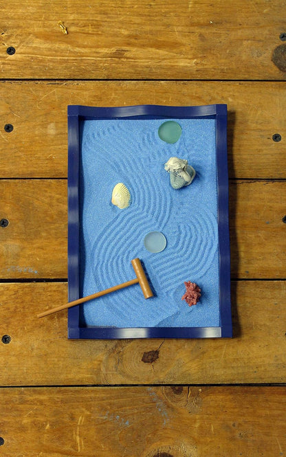 Nature's Mark Mini Zen Garden Kit for Desk with Rake, White Sand, Lotus Figure, 3 Sections Black Square Base, River Rocks and Black Rocks (9Lx9W C)