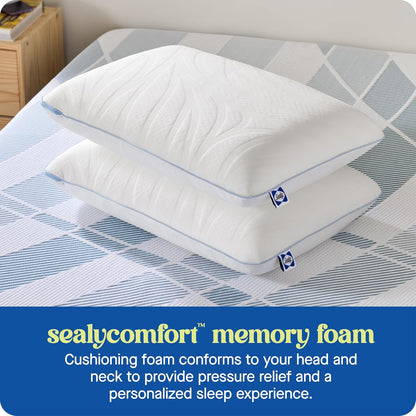 Sealy Dreamlife Queen Size Memory Foam Cooling Pillow with Surface Guard Technology, Removable Machine-Washable Cover, 1 Year Limited Warranty, White (2 Pack)