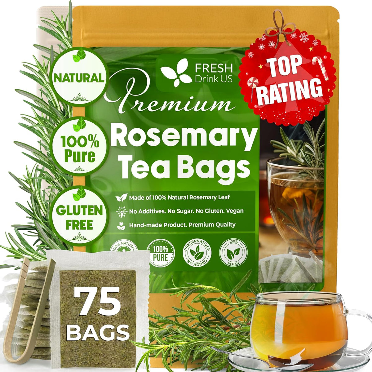 FreshDrinkUS, Premium Rosemary Leaf Tea, 75 Count, Pure, Caffeine Free