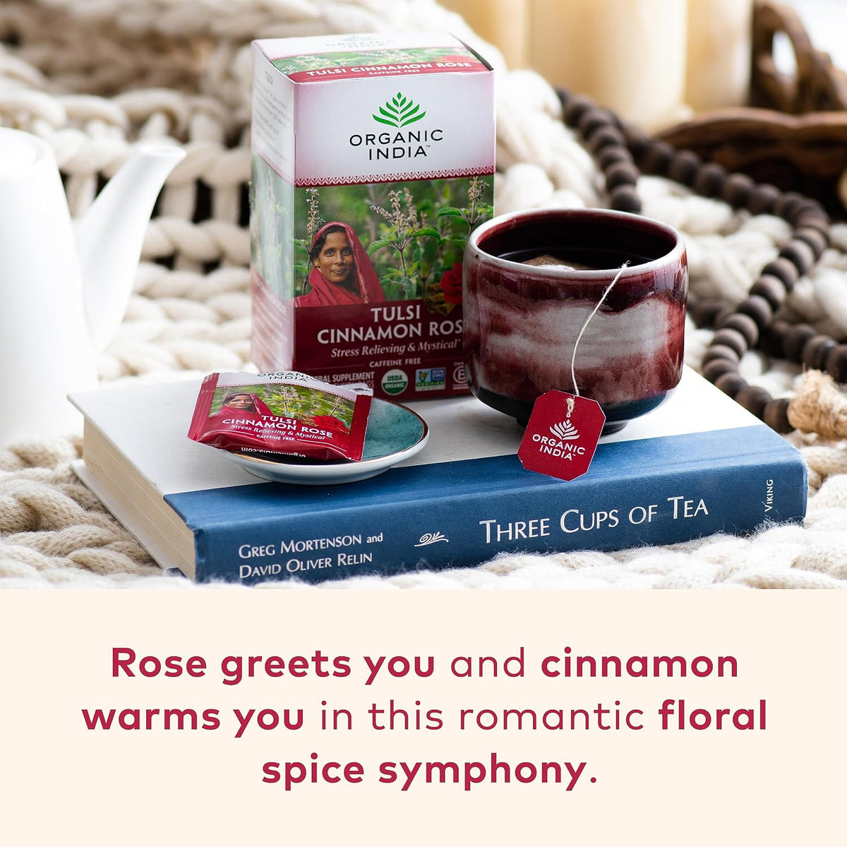 ORGANIC INDIA Tulsi Cinnamon Rose Tea Bags, 18 Infusion Bags, 3 Pack