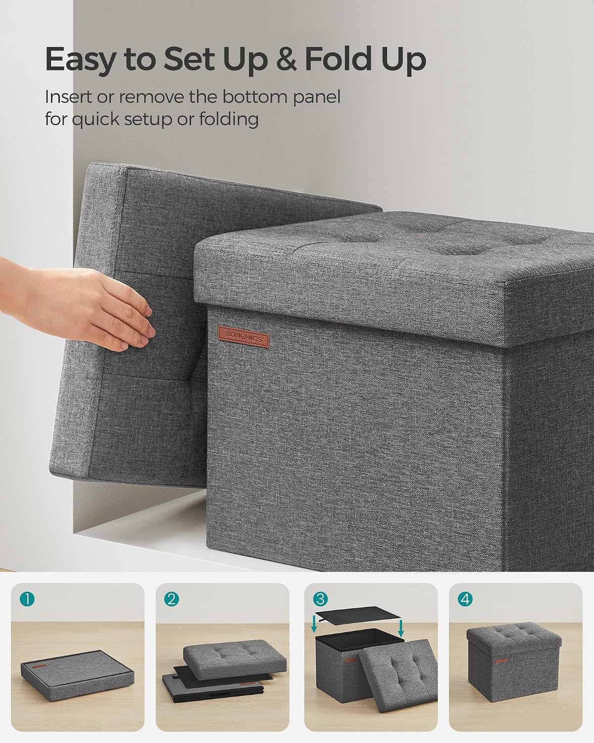 SONGMICS Mazie Collection - Small Folding Storage Ottoman, Foot Rest Stool, 12.2 x 16.1 x 12.2 Inches, 286 lb Load Capacity, for Living Room, Bedroom, Home Office, Dorm, Dark Gray ULSF102G01
