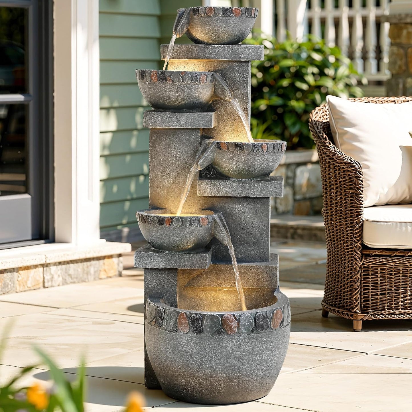 19.5" H 4-Tier Indoor & Outdoor Water Fountain with LED Lights | Resin Pebble Textured Tabletop Cascading Water Feature, Relaxing Decor for Patio, Porch, Deck, Yard & Home