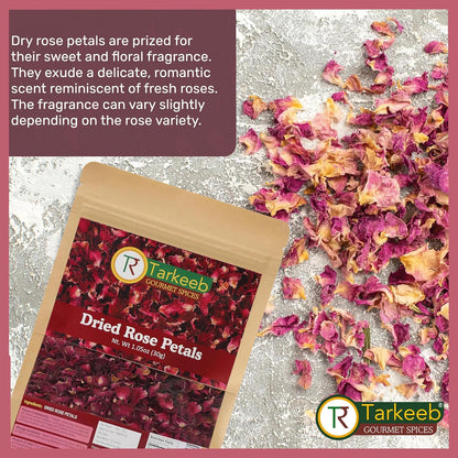 Tarkeeb Dried Rose Petals ~ All Natural | Edible Rose Petals | Dried Flower Petals for Herbal Tea, Decoration, Rose Sprinkles, Topping on Cupcakes, Desserts - Net Weight: 1.05oz/30g | Indian Origin |