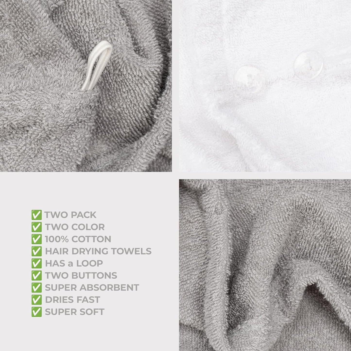 American Soft Linen 100% Cotton Hair Towels for Women, Head Towel Cap, Cotton Hair Turban Towel Wrap for Long Curly Anti Frizz Hair, Soft and Absorbent Cotton Hair Towels 2 Pack, White