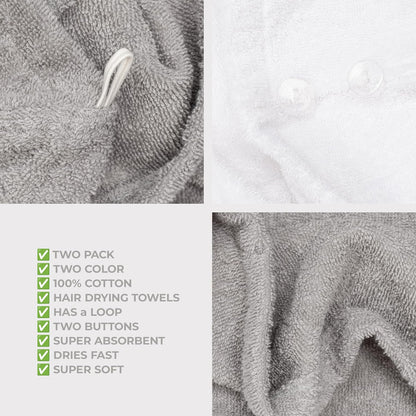 American Soft Linen 100% Cotton Hair Towels for Women, Head Towel Cap, Cotton Hair Turban Towel Wrap for Long Curly Anti Frizz Hair, Soft and Absorbent Cotton Hair Towels 2 Pack, White