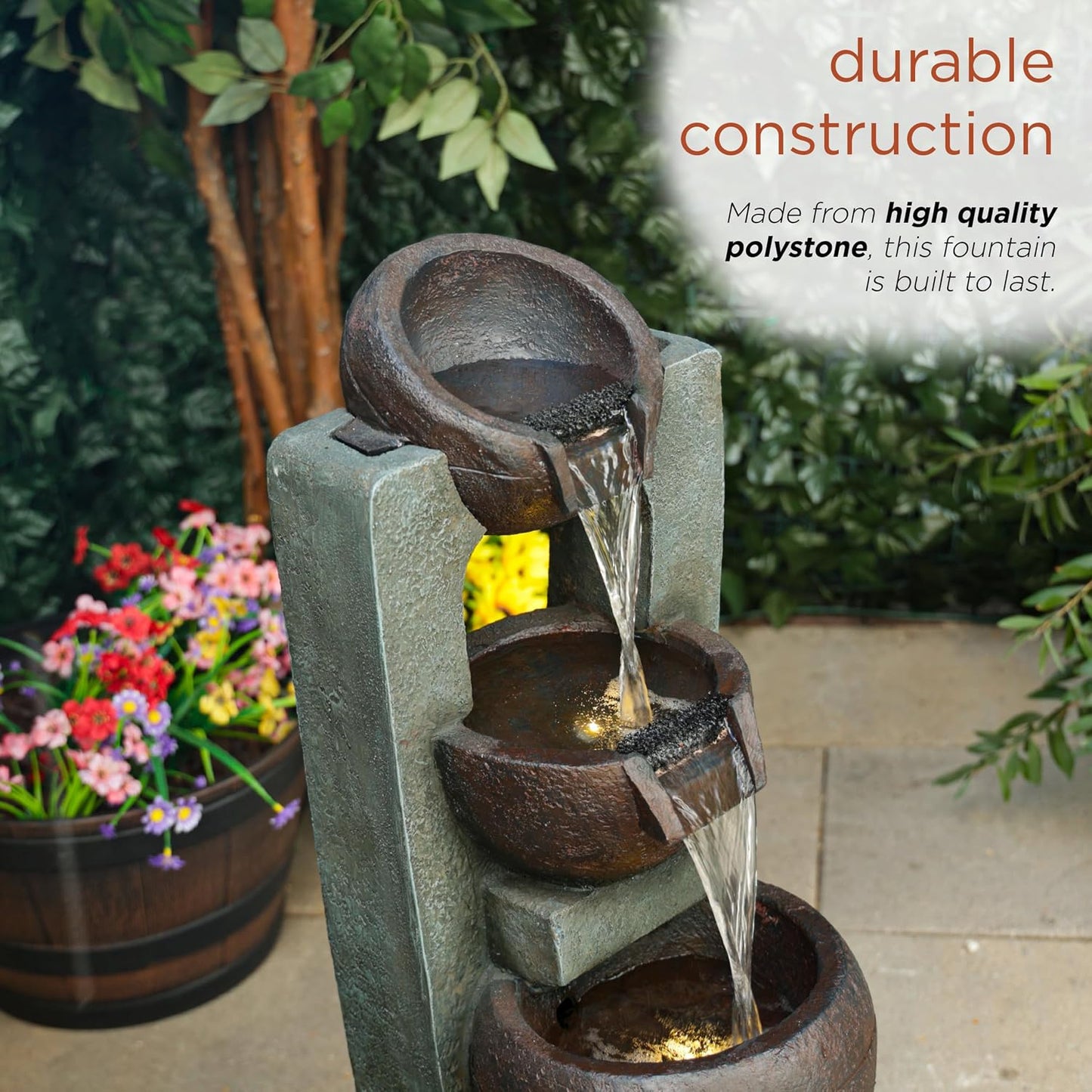 Alpine Corporatio 14" Tall Stoned Jar Cascading Water Fountain with LED Lights, Elegant Tabletop Water Feature for Home, Office, Living Room, and Bedroom Decor, Gray