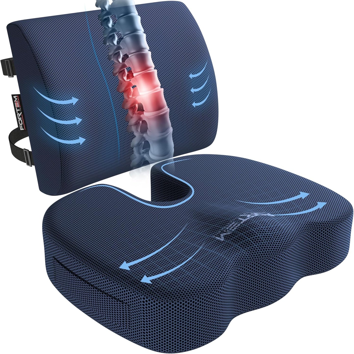 FORTEM Seat Cushion, Office Chair Cushion, Lumbar Support Pillow for Office Chair, Memory Foam Car Seat Cushions, Sciatica Coccyx Tailbone Pain Relief, Cushions for Back Support, Washable, Non Slip