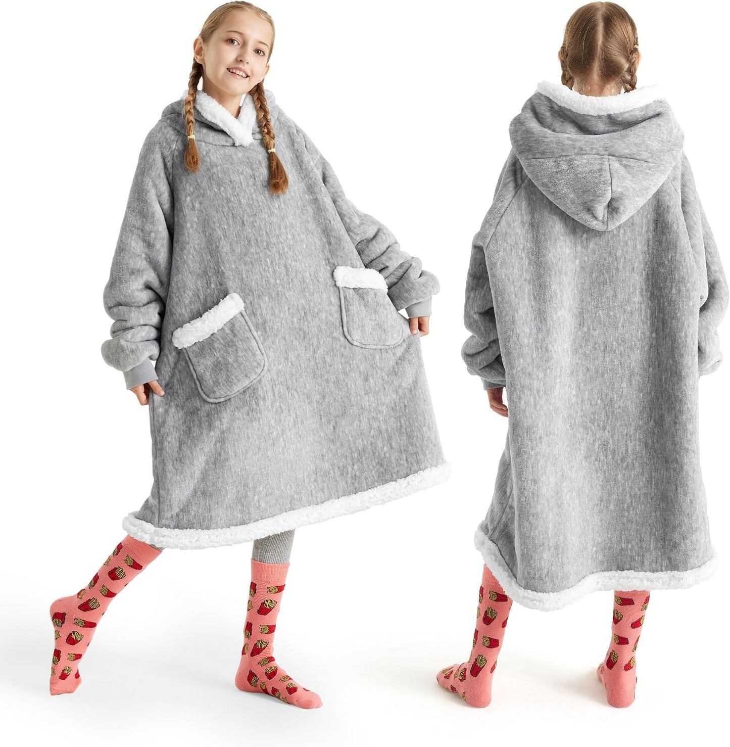 Bedsure Blanket Hoodie, Wearable Blanket Hoodie as Gifts for Mom, Birthday Gifts for Women Kids Teens Mother's Day Sherpa Sweatshirt, Grey, Standard