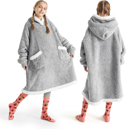 Bedsure Blanket Hoodie, Wearable Blanket Hoodie as Gifts for Mom, Birthday Gifts for Women Kids Teens Mother's Day Sherpa Sweatshirt, Grey, Standard