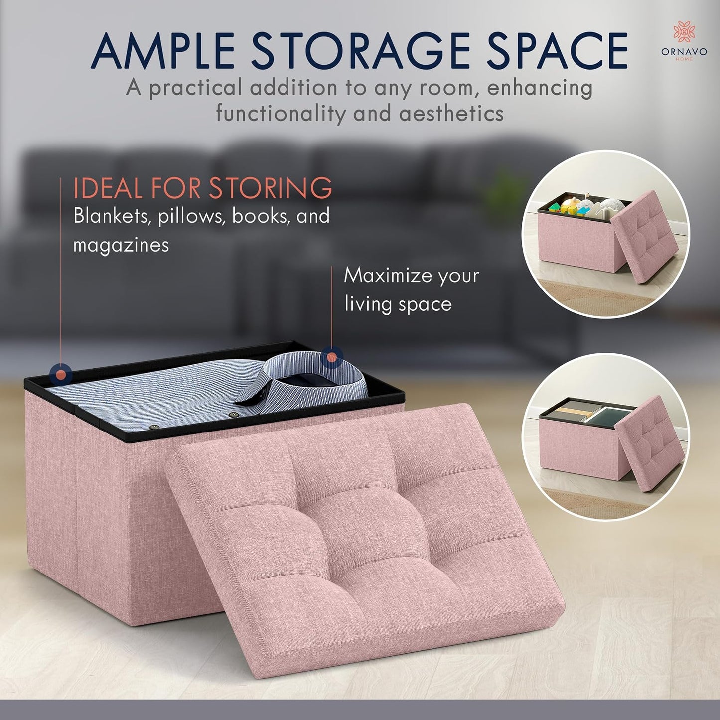Ornavo Home Small Storage Ottoman Foldable Collapsible Rectangle Linen Ottoman Foot Rest Stool Seat, for Living Room, Bedroom, Home Office, Dorm - 12 x 16 x 12, Black