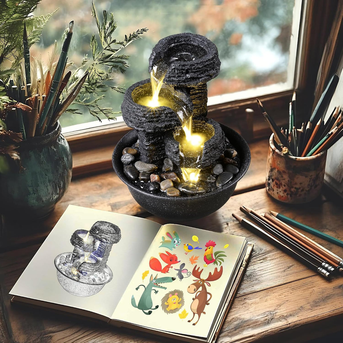 Rock Style Tabletop Fountain with LED Light – Indoor Waterfall Feature for Home or Office Décor, Relaxing Zen Desktop Water Fountain
