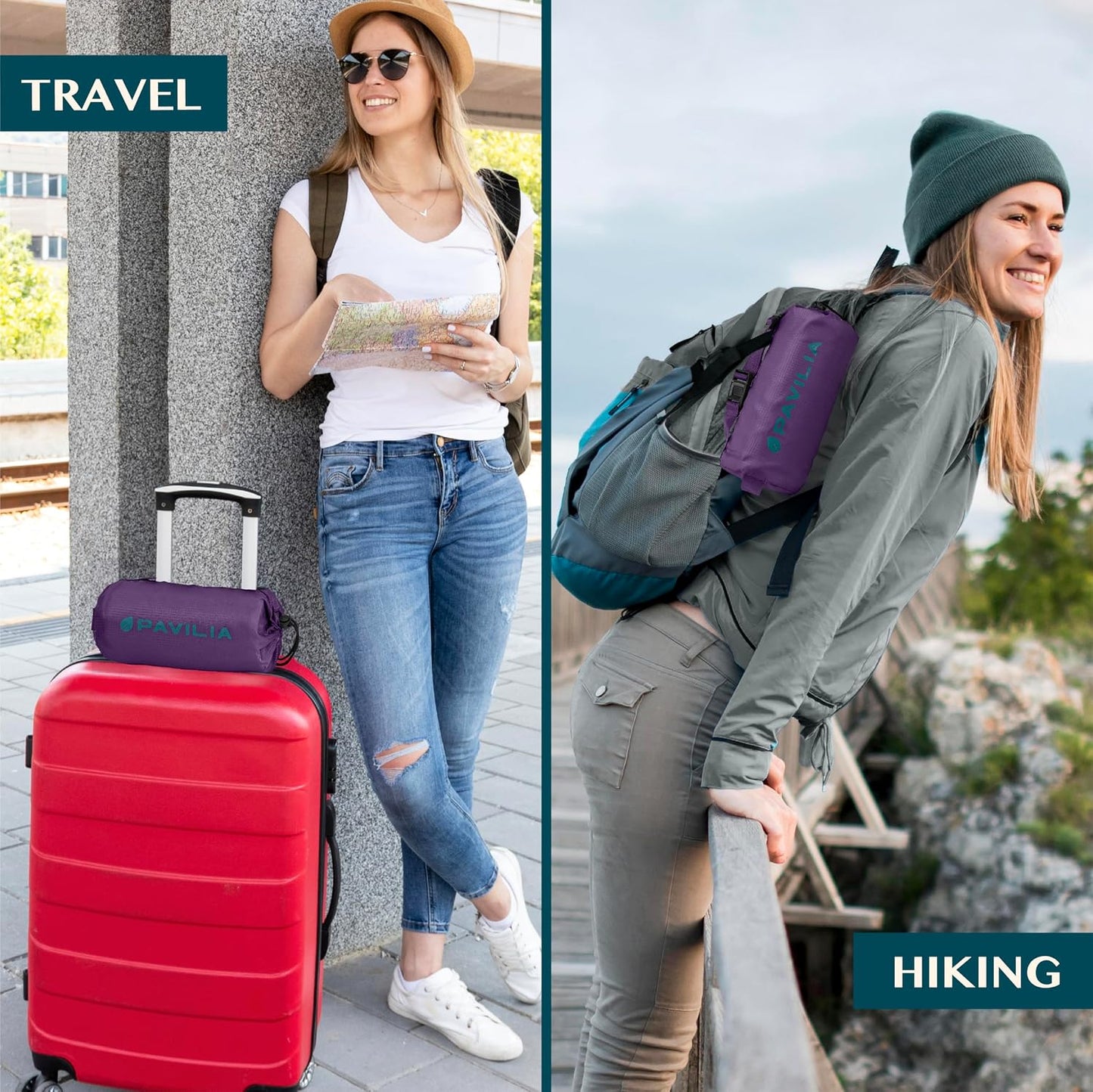 PAVILIA Travel Blanket Airplane Compact with Bag, Lightweight Soft Fleece Plane Blanket Long Flights, Camping Road Trips, Packable Travel Gift Essentials with Luggage Backpack Strap, 65x40, Purple