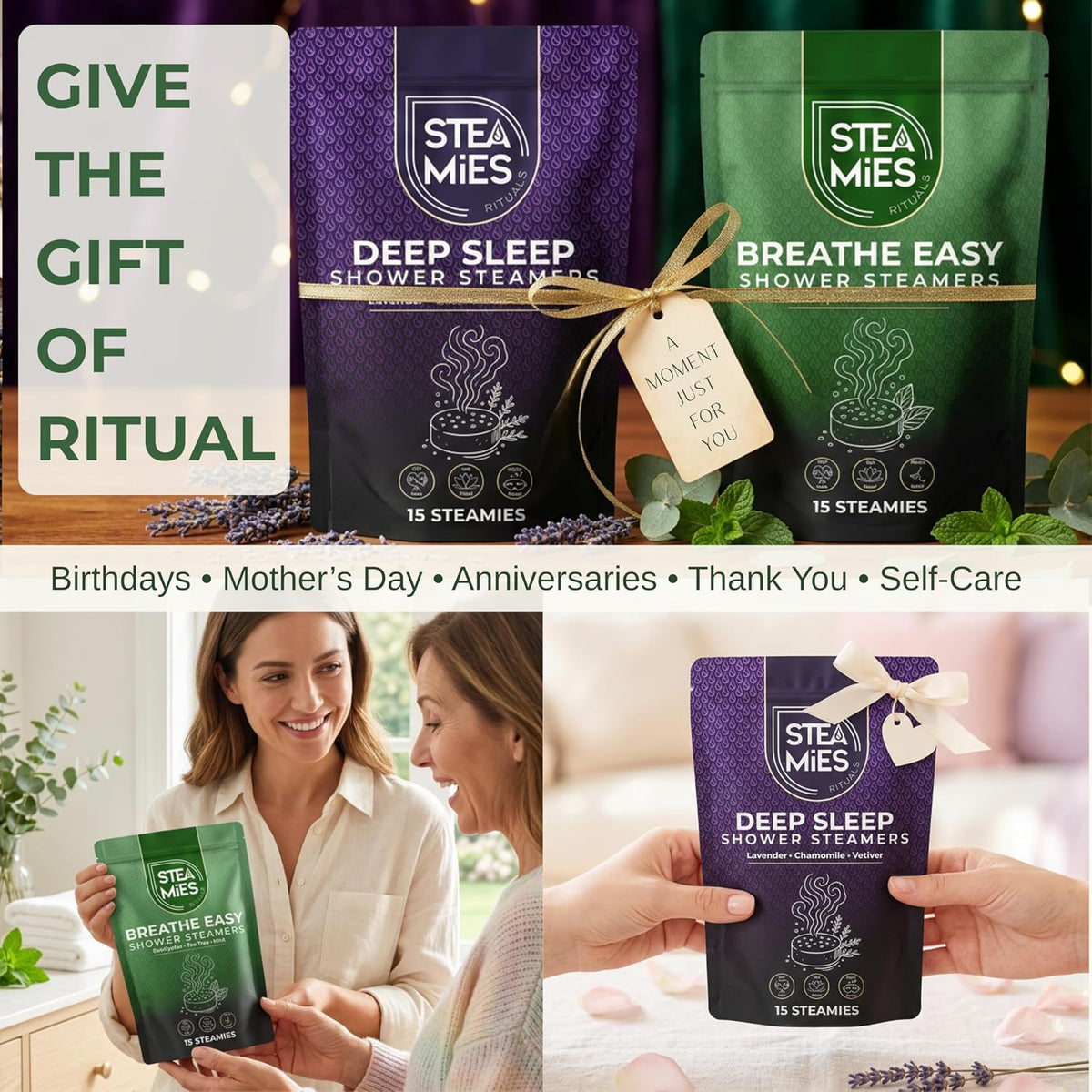 STEAMIES Eucalyptus Shower Steamers Aromatherapy 15 Pack, Self Care Gifts for Women & Men, Spa Stress Relief & Relaxation, Menthol, Peppermint & Tea Tree Essential Oil Shower Tablets