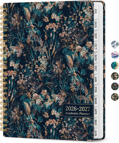 Planner 2026-2027, Academic Monthly and Weekly Calendar Planner for Women, July 2026 - June 2027, Hardcover Pretty Agenda Planner Book with Tabs, Spiral Daily Organizer for School Office Home Supplies, 6.3" x 8.5" - Blue Floral