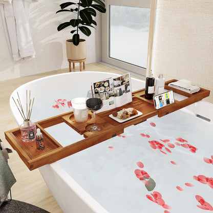 Teak Bathtub Tray - Luxury Bath Tray with Expandable Handles, Wine Glass and Phone Holders, Book Stand - Perfect for Home Spa Relaxation and Reading - Natural Bath Accessories - Dark Walnut Color