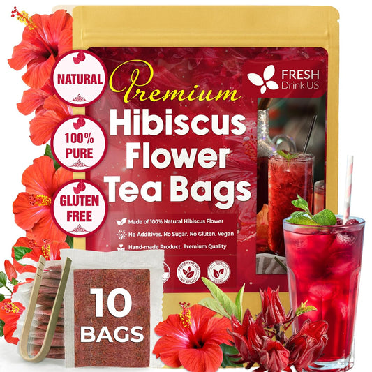 FreshDrinkUS, Premium 10 Hibiscus Flowers Tea Bags, 100% Natural, Pure from Hibiscus Flowers. Loose Flower Herbal Tea. No Sugar, No Caffeine, No Gluten, Vegan.