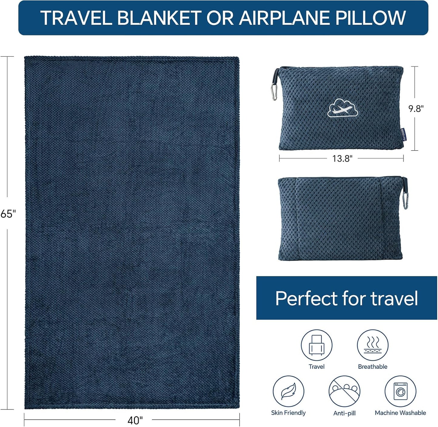 BEDELITE Travel Blanket with Bag, Jacquard Fleece Blanket 65"x40", Blue