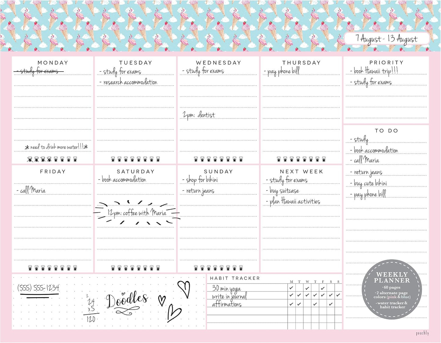 Peachly Desktop Weekly Planner Notepad | 60 Undated Tear-Off Pages | Schedule Daily To-Do Lists | Increase Your Productivity In Less Than 5 Minutes A Week | Achieve Your Goals | Peach and Mint Fern