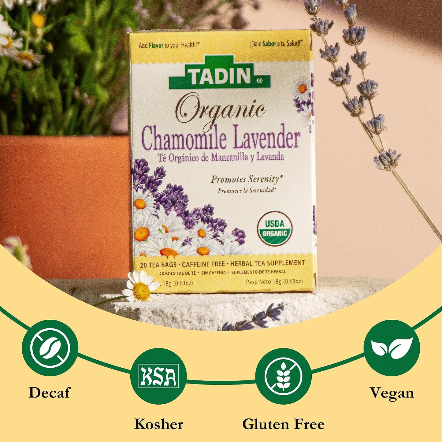 Tadin Organic Chamomile Lavender Tea, Caffeine Free Herbal Tea to Promote Serenity, 20 Tea Bags Per Box, Pack of 6