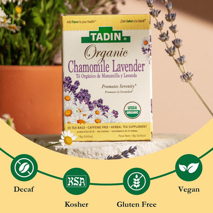 Tadin Organic Chamomile Lavender Tea, Caffeine Free Herbal Tea to Promote Serenity, 20 Tea Bags Per Box, Pack of 6
