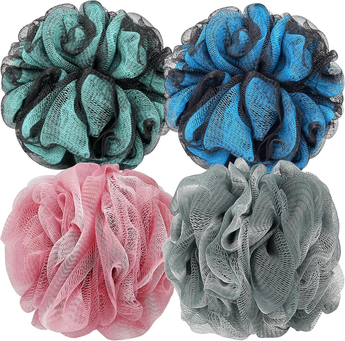 DadyMart Shower Loofah Sponge Pouf – XL Exfoliating Bath Puff Body Scrubber, Soft Mesh Shower Sponge with Reinforced Knot, Rich Lather, Set of 4 for Women and Men