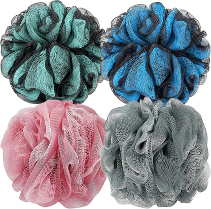 DadyMart Shower Loofah Sponge Pouf – XL Exfoliating Bath Puff Body Scrubber, Soft Mesh Shower Sponge with Reinforced Knot, Rich Lather, Set of 4 for Women and Men