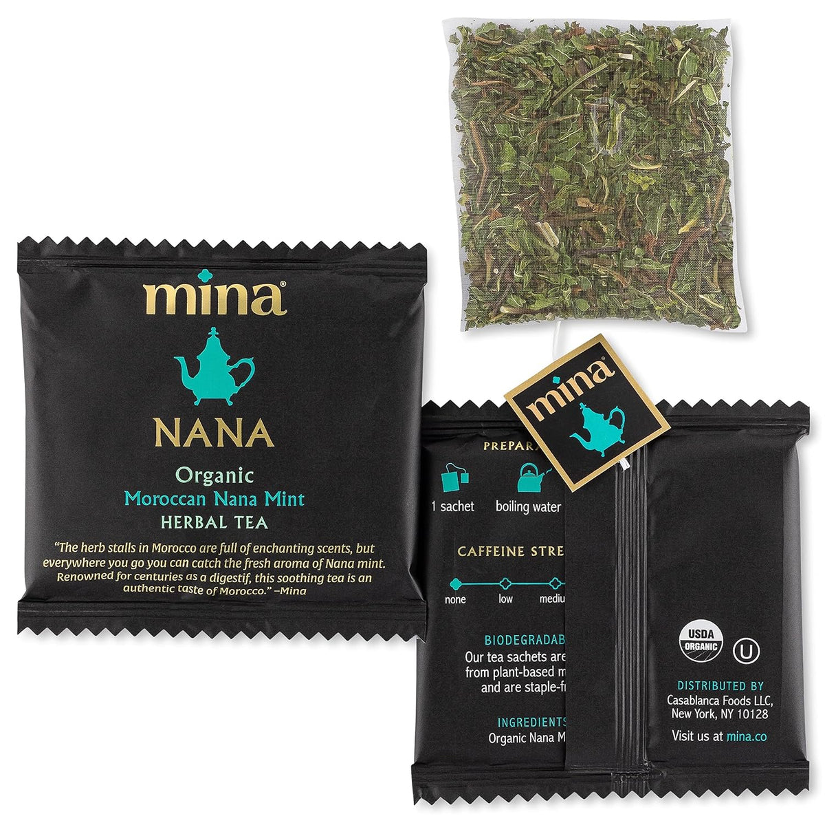 Mina Nana Organic Moroccan Mint Herbal Tea, 15 Biodegradable Sachets - Refreshing Moroccan Mint Tea Bags, Herbal Tea, Caffeine-Free Tea Bags